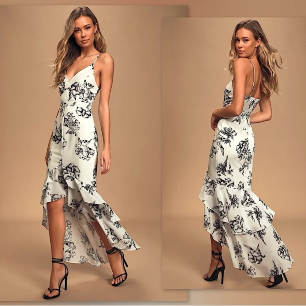 Lulu's Black and White Floral High Low Dress